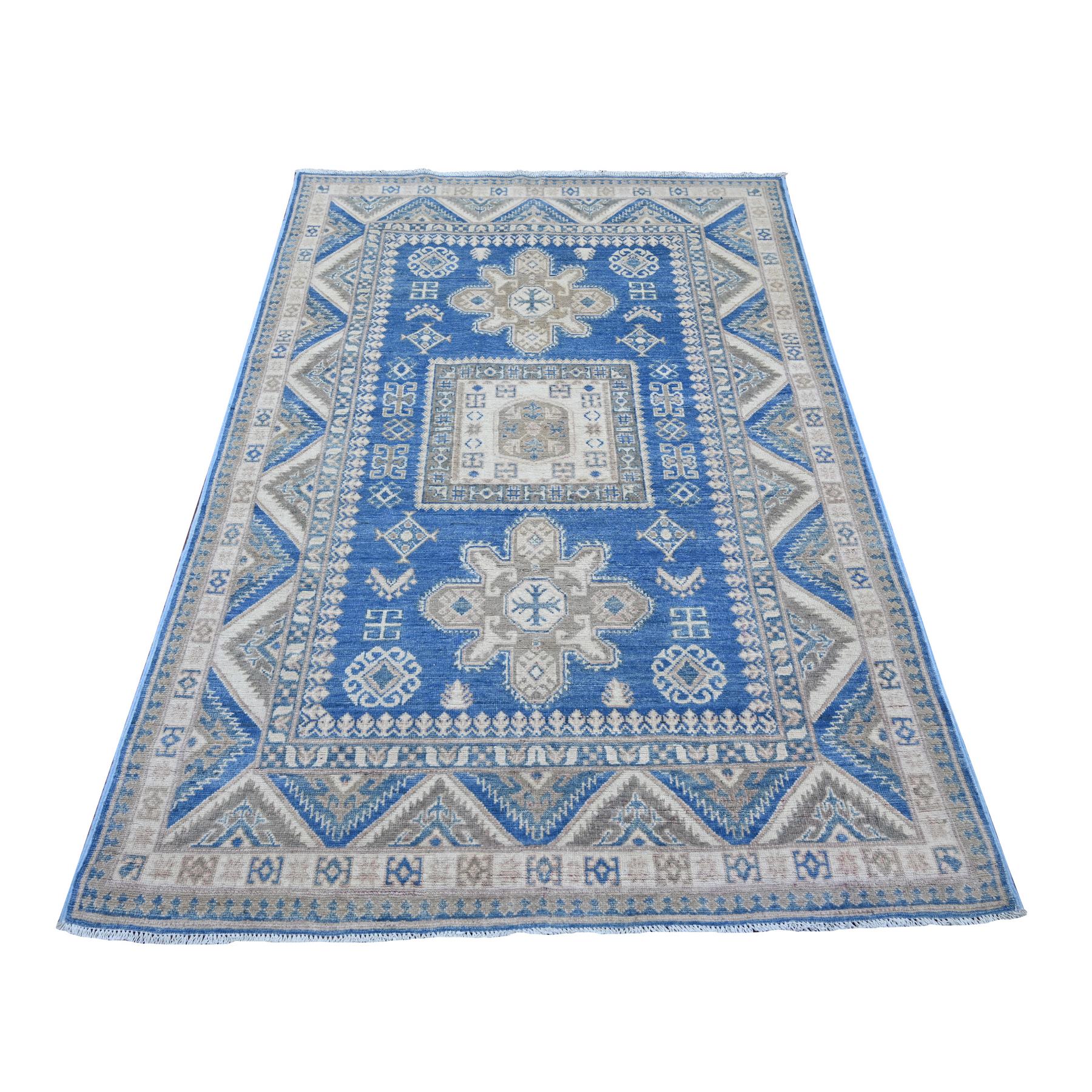 4'7"x6'6" Bayern Blue, Vintage Look Kazak with Geometric Medallions, Hand Knotted, 100% Wool, Natural Dyes, Oriental Rug 